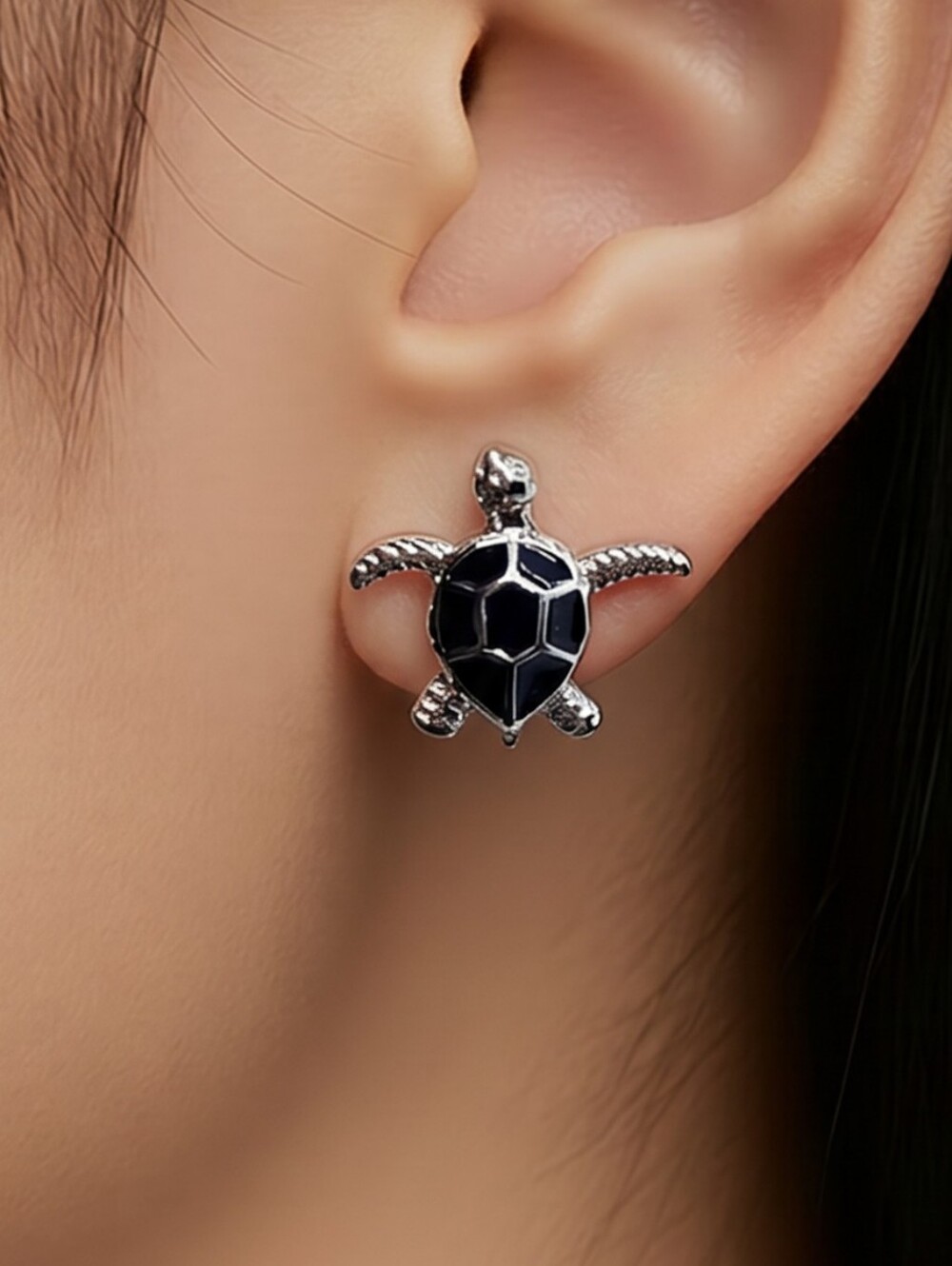 Black Sea Turtle Earrings Silver Enamel Stud Coastal Ocean Beach Turtle Jewelry
